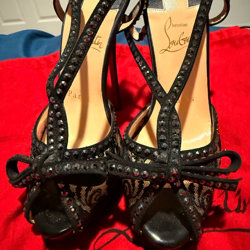 Christian Louboutin Black Patent Leather Platform Heels with Swarovski crystals - Picture 7 of 15